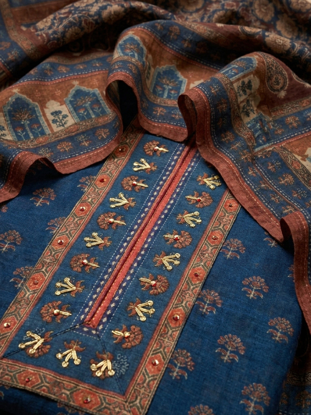 Blue Embroidered Chanderi Unstitched Suit &amp; Pant With Chanderi Dupatta