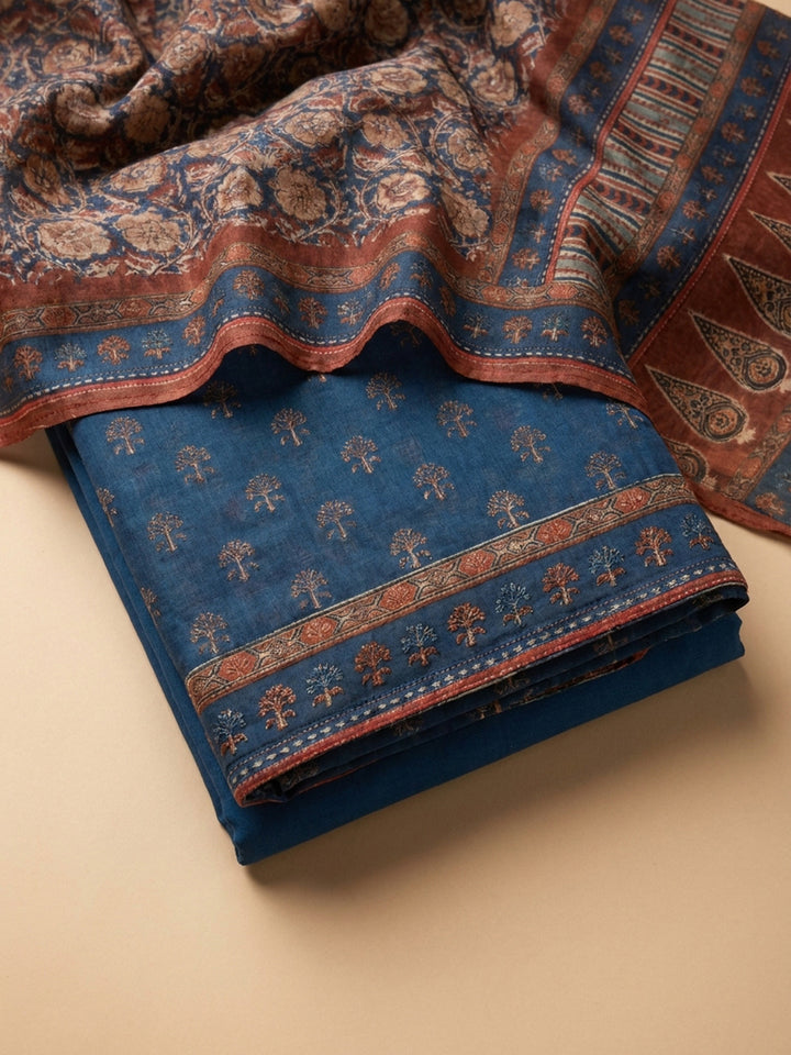 Blue Embroidered Chanderi Unstitched Suit &amp; Pant With Chanderi Dupatta