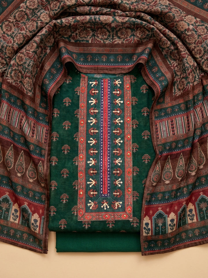 Bottle Green Embroidered Chanderi Unstitched Suit &amp; Pant With Chanderi Dupatta
