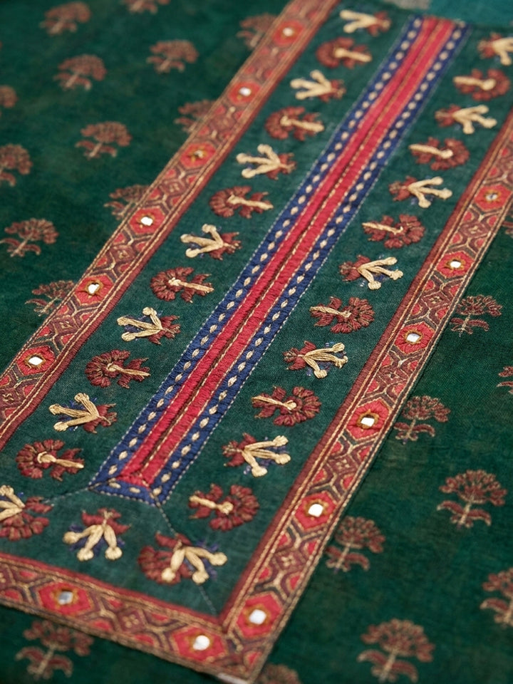 Bottle Green Embroidered Chanderi Unstitched Suit &amp; Pant With Chanderi Dupatta