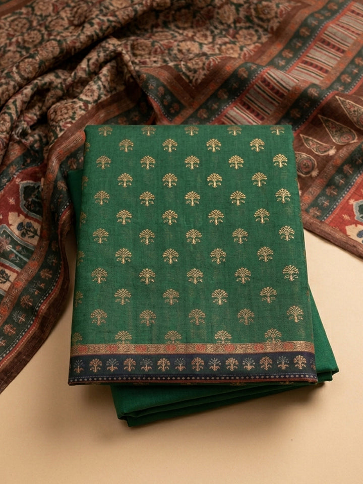 Bottle Green Embroidered Chanderi Unstitched Suit &amp; Pant With Chanderi Dupatta