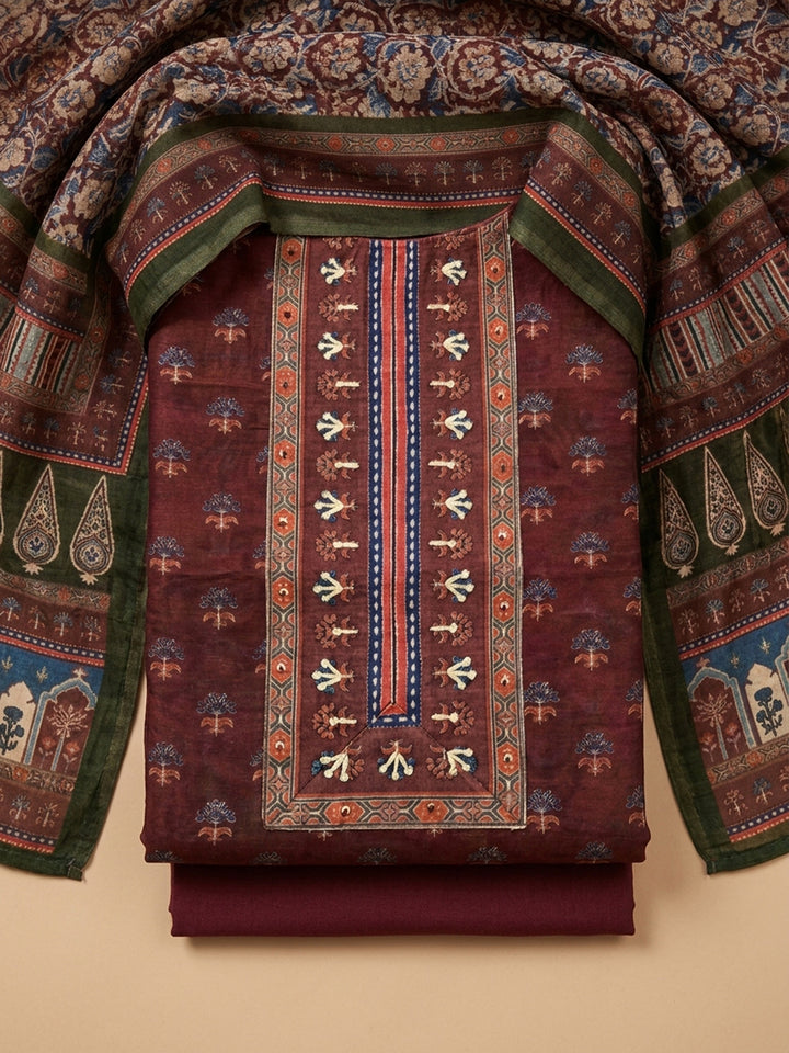 Maroon Embroidered Chanderi Unstitched Suit &amp; Pant With Chanderi Dupatta