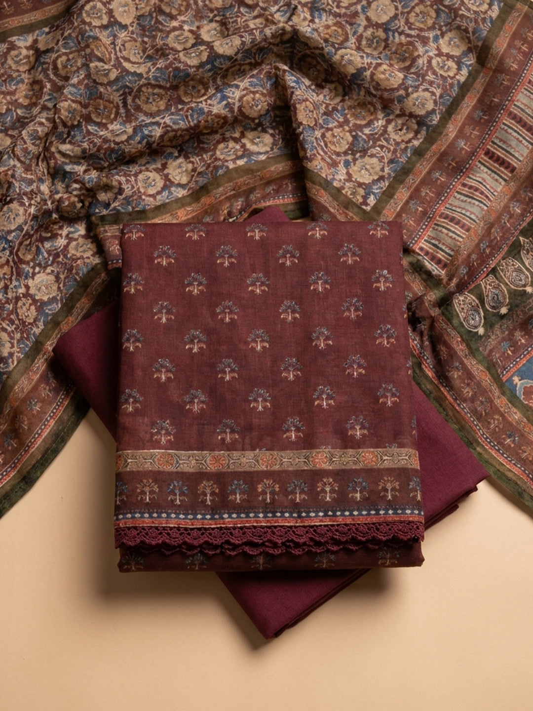 Maroon Embroidered Chanderi Unstitched Suit &amp; Pant With Chanderi Dupatta