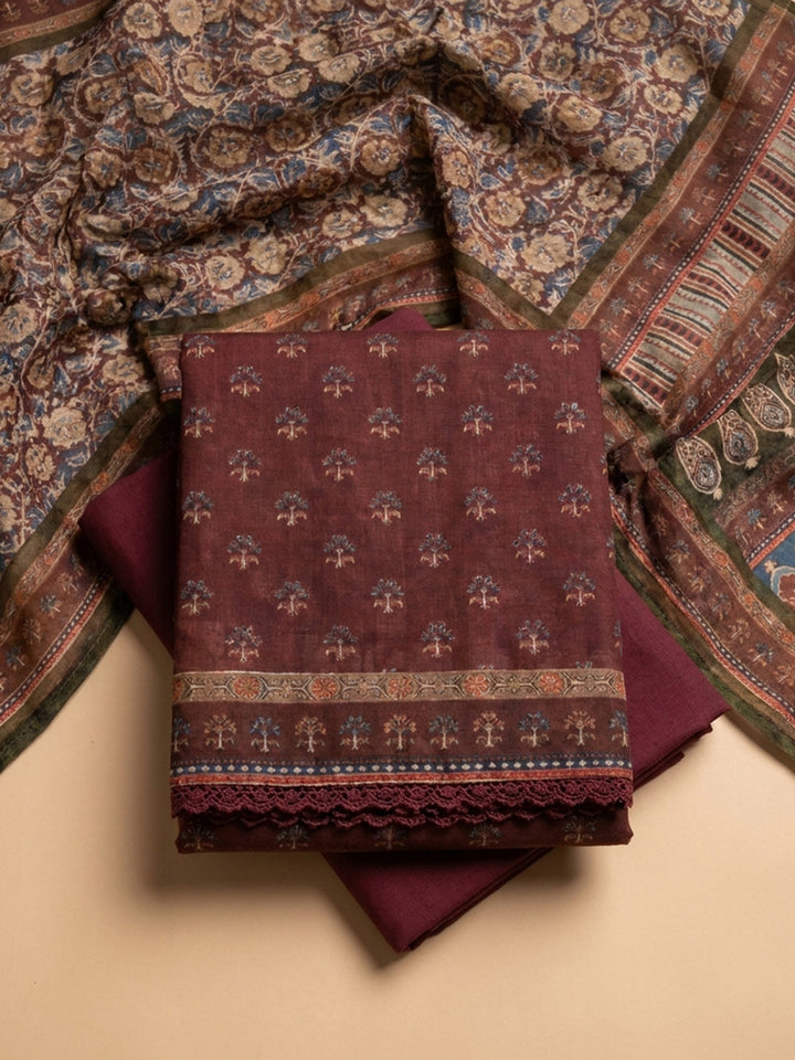 Maroon Embroidered Chanderi Unstitched Suit &amp; Pant With Chanderi Dupatta