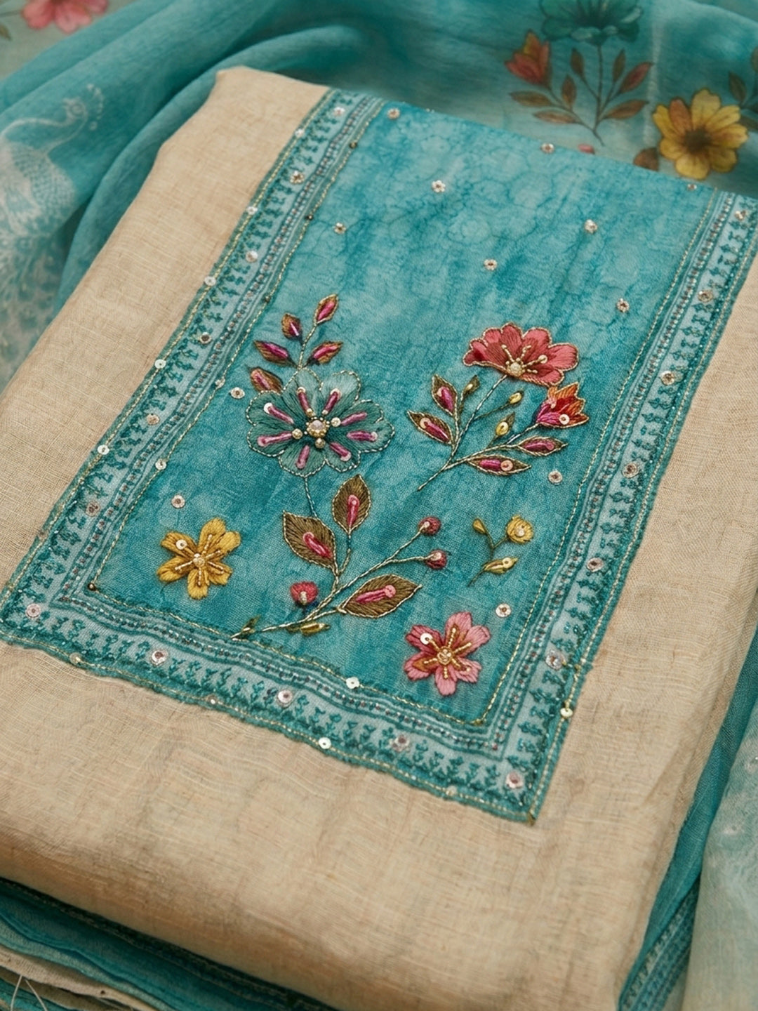 Firozee Printed Chanderi Unstitched Suit &amp; Pant With Chanderi Dupatta