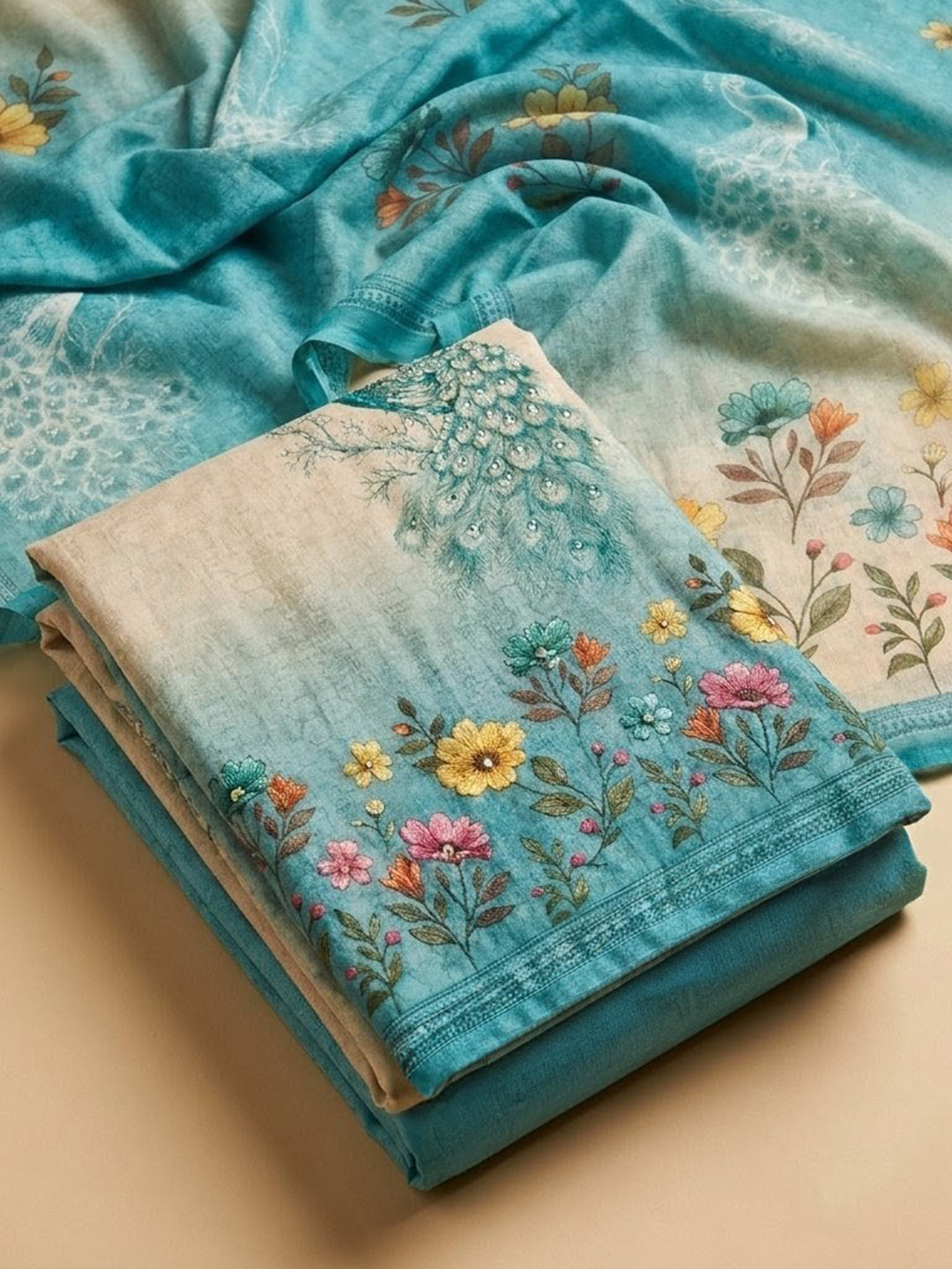 Firozee Printed Chanderi Unstitched Suit &amp; Pant With Chanderi Dupatta