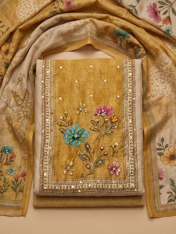 Mustard Printed Chanderi Unstitched Suit &amp; Pant With Chanderi Dupatta