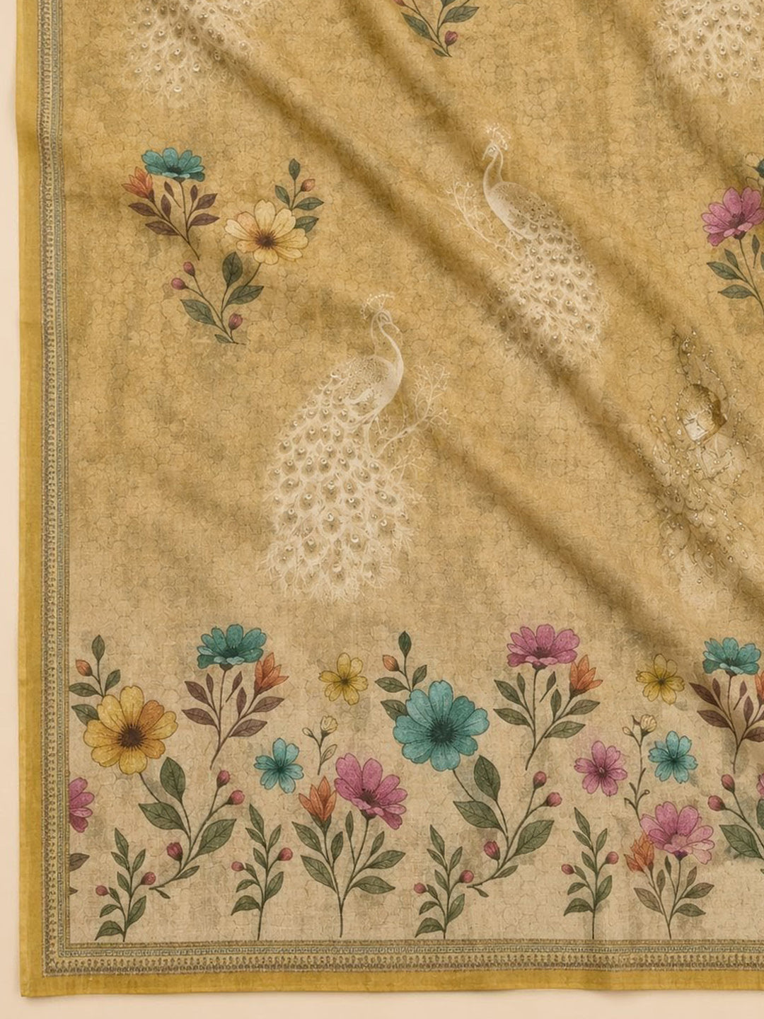 Mustard Printed Chanderi Unstitched Suit &amp; Pant With Chanderi Dupatta