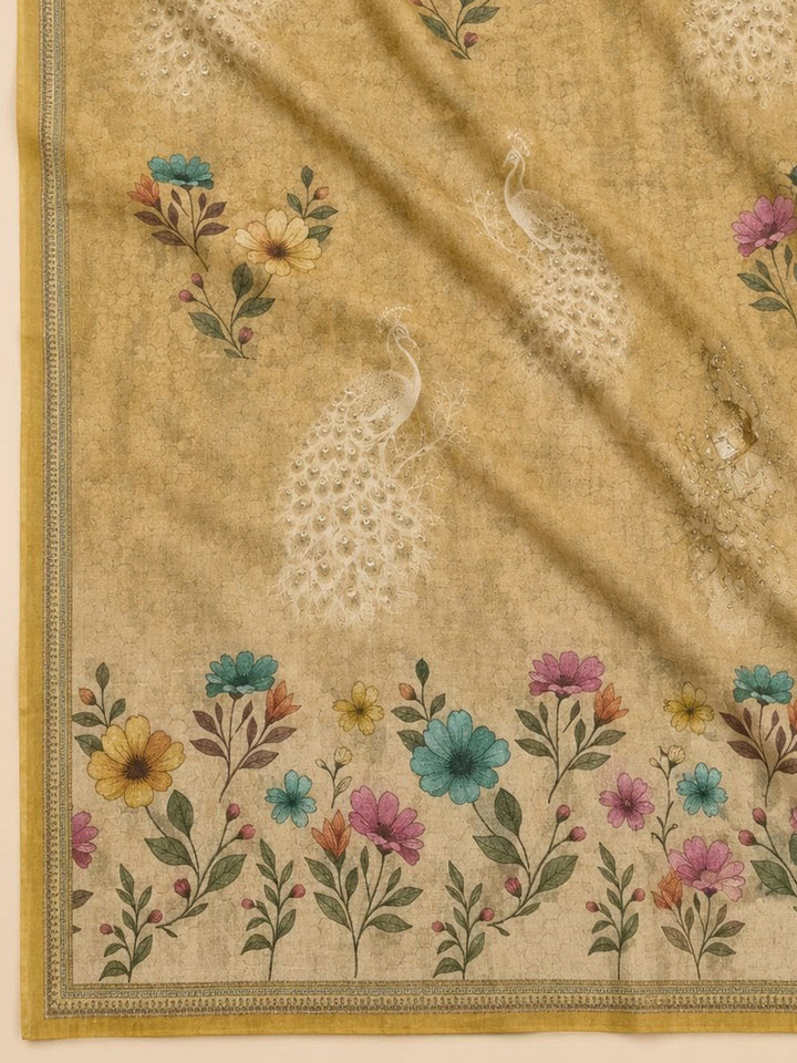 Mustard Printed Chanderi Unstitched Suit &amp; Pant With Chanderi Dupatta