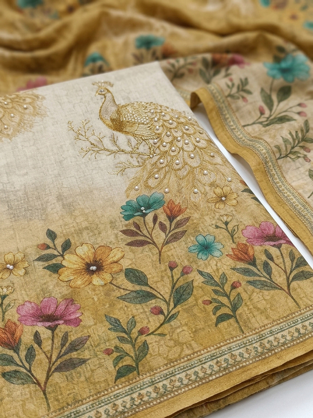 Mustard Printed Chanderi Unstitched Suit &amp; Pant With Chanderi Dupatta