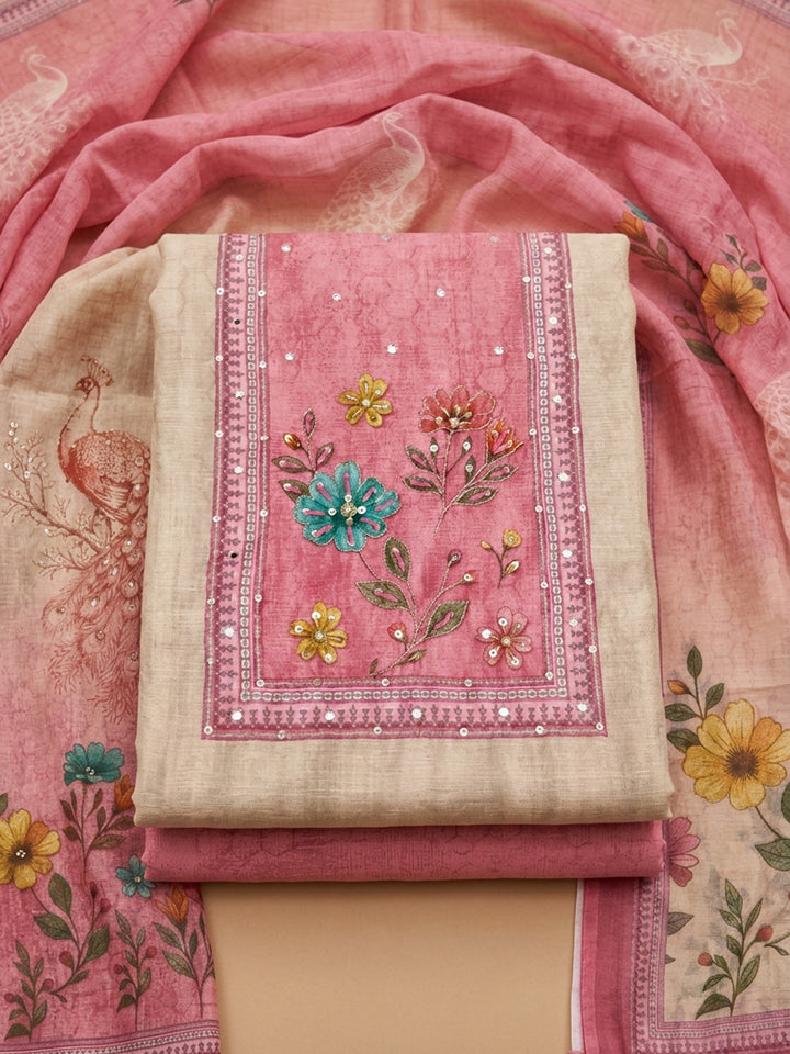 Pink Printed Chanderi Unstitched Suit &amp; Pant With Chanderi Dupatta