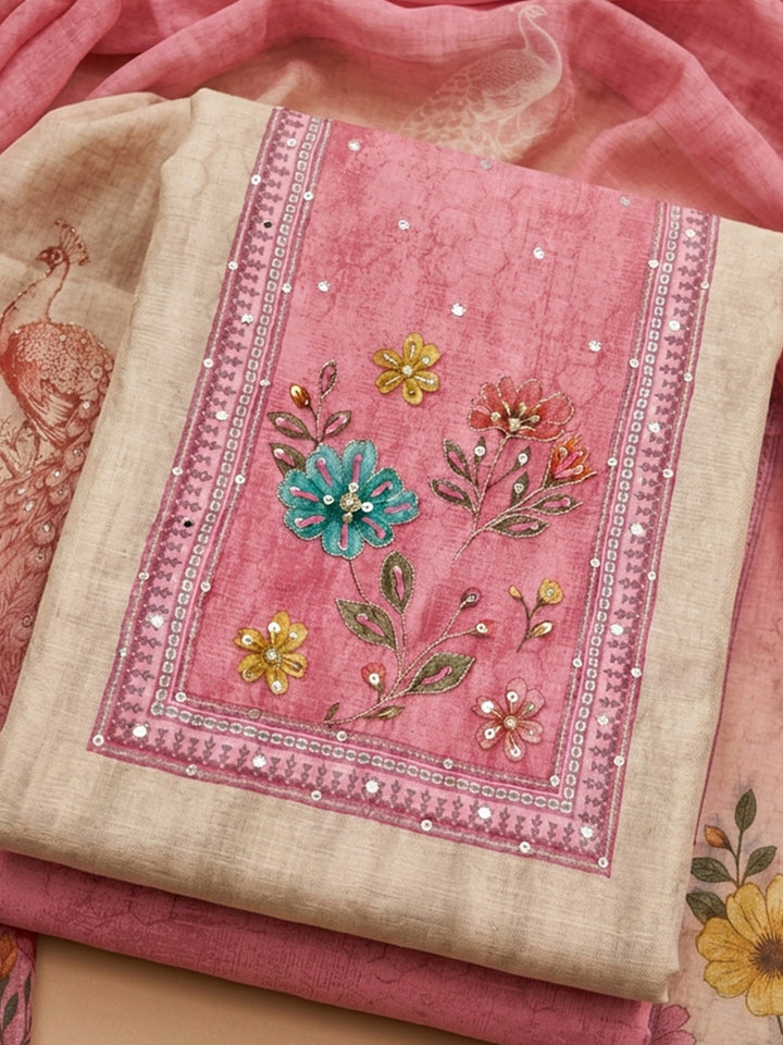 Pink Printed Chanderi Unstitched Suit &amp; Pant With Chanderi Dupatta