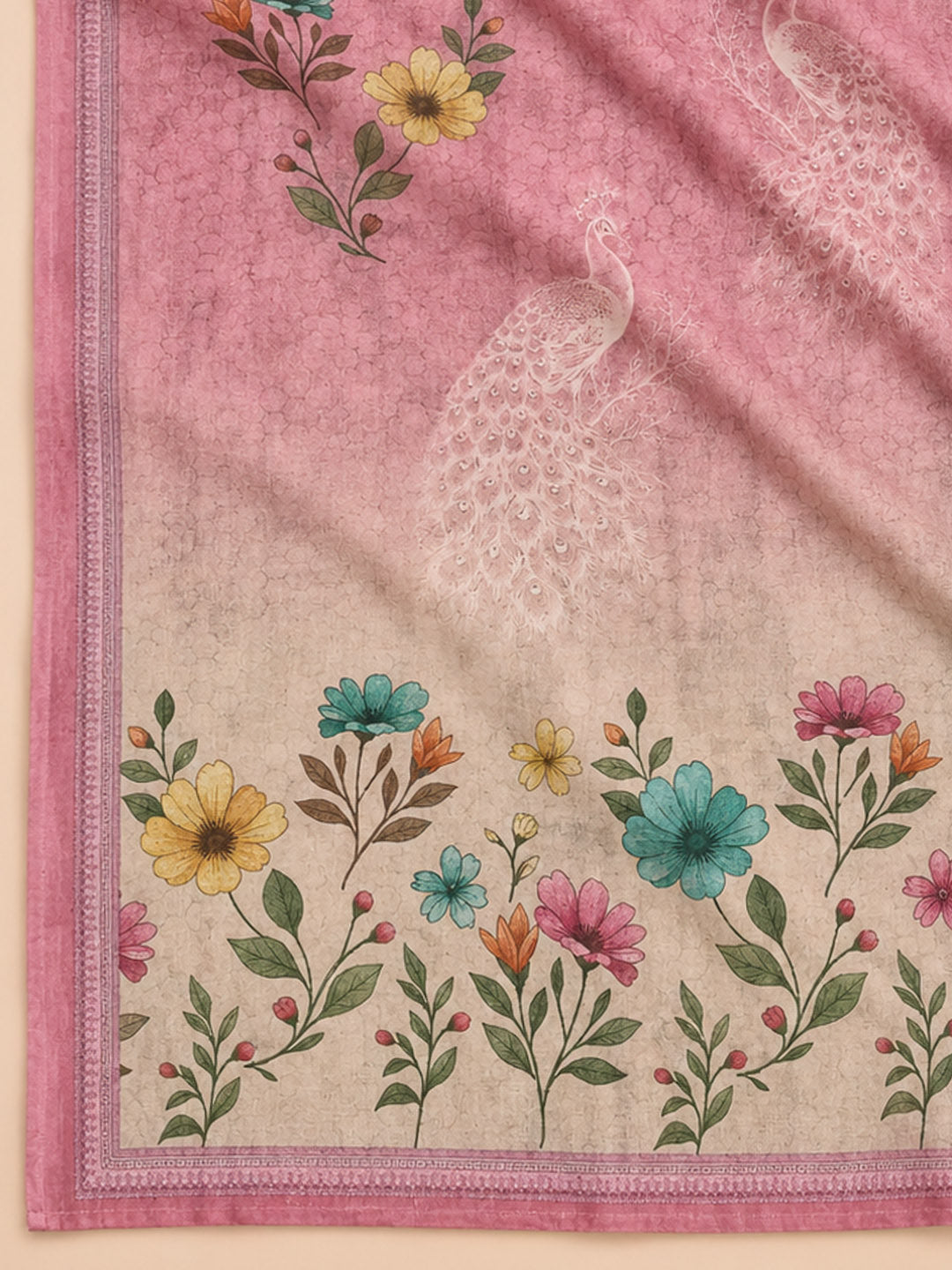 Pink Printed Chanderi Unstitched Suit &amp; Pant With Chanderi Dupatta