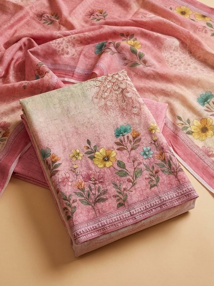 Pink Printed Chanderi Unstitched Suit &amp; Pant With Chanderi Dupatta