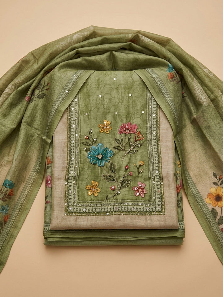 Pista Green Printed Chanderi Unstitched Suit &amp; Pant With Chanderi Dupatta
