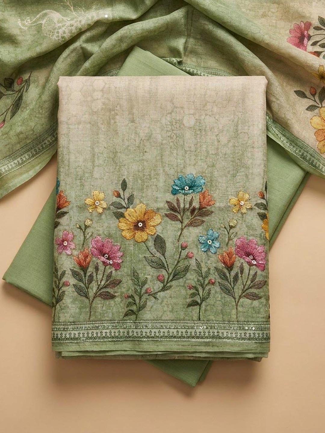 Pista Green Printed Chanderi Unstitched Suit &amp; Pant With Chanderi Dupatta