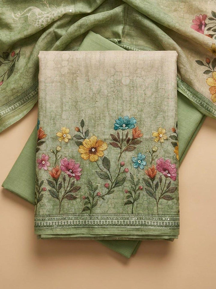 Pista Green Printed Chanderi Unstitched Suit &amp; Pant With Chanderi Dupatta