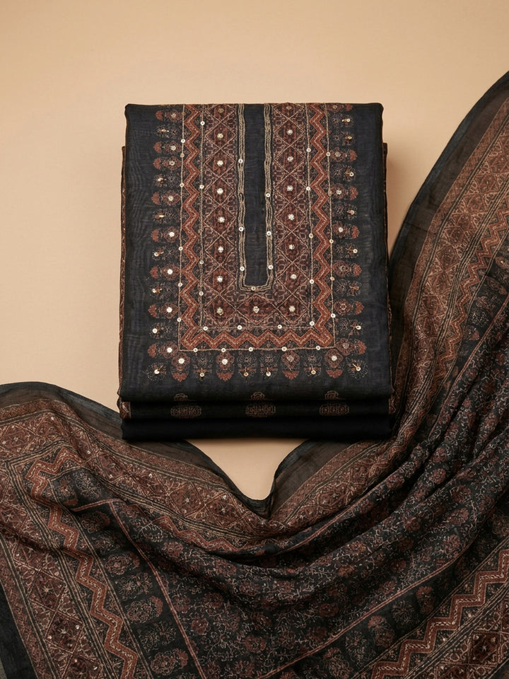 Black Printed Chanderi Unstitched Dress Material