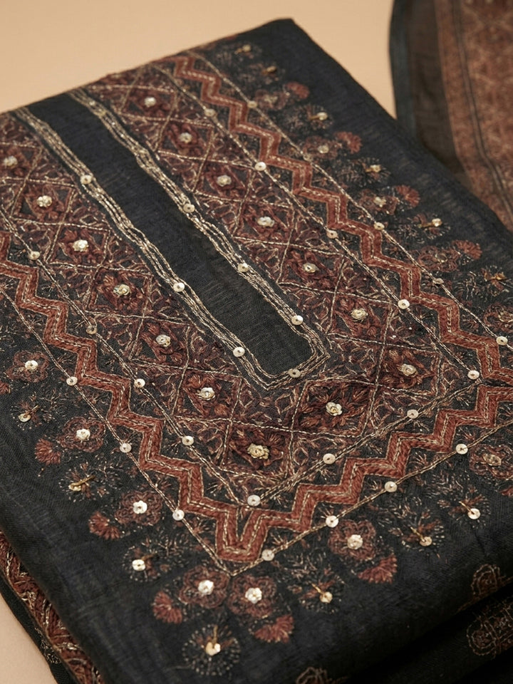 Black Printed Chanderi Unstitched Dress Material
