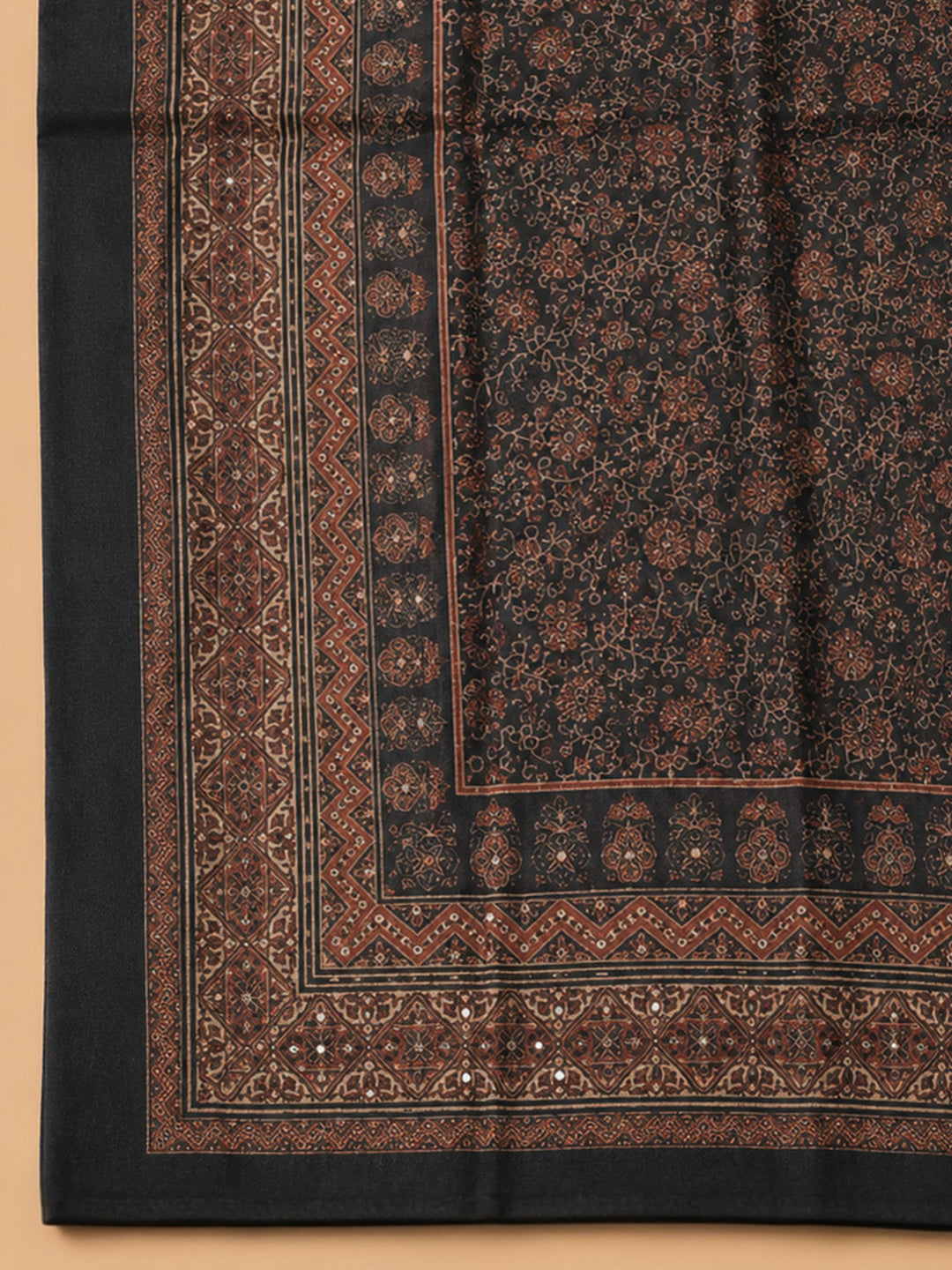 Black Printed Chanderi Unstitched Dress Material