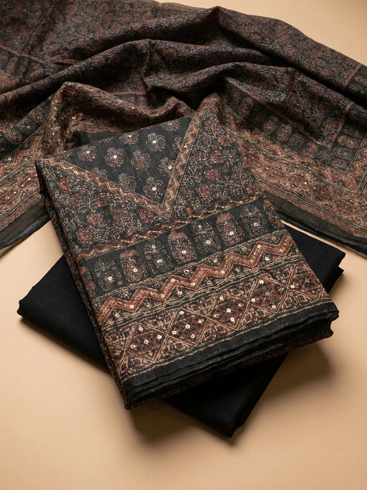 Black Printed Chanderi Unstitched Dress Material