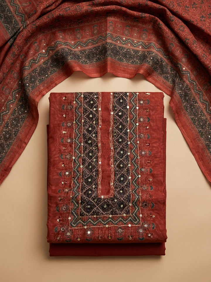 Maroon Printed Chanderi Unstitched Dress Material
