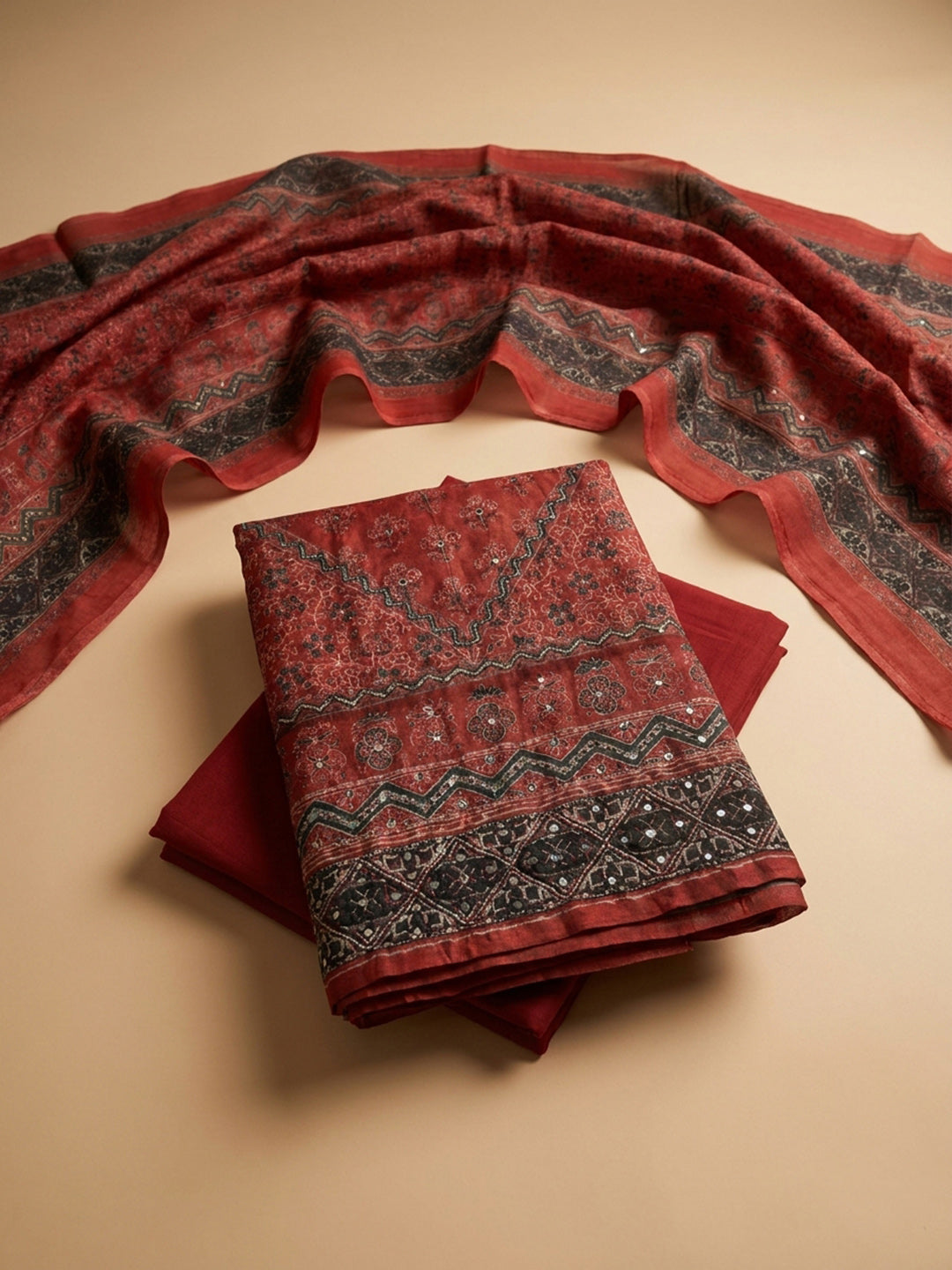 Maroon Printed Chanderi Unstitched Dress Material