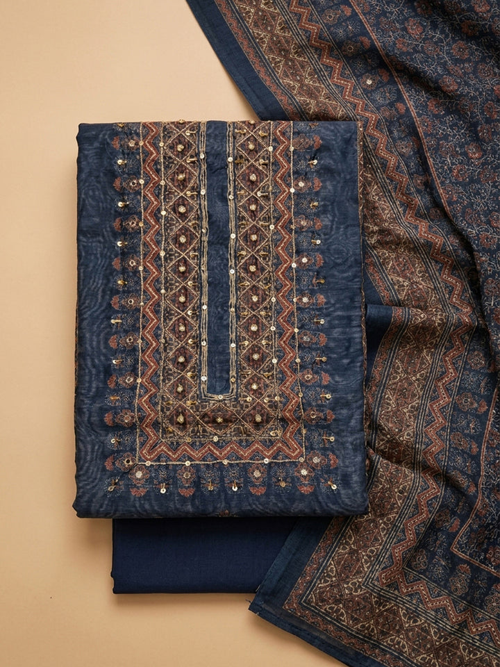 Navy Blue Printed Chanderi Unstitched Dress Material