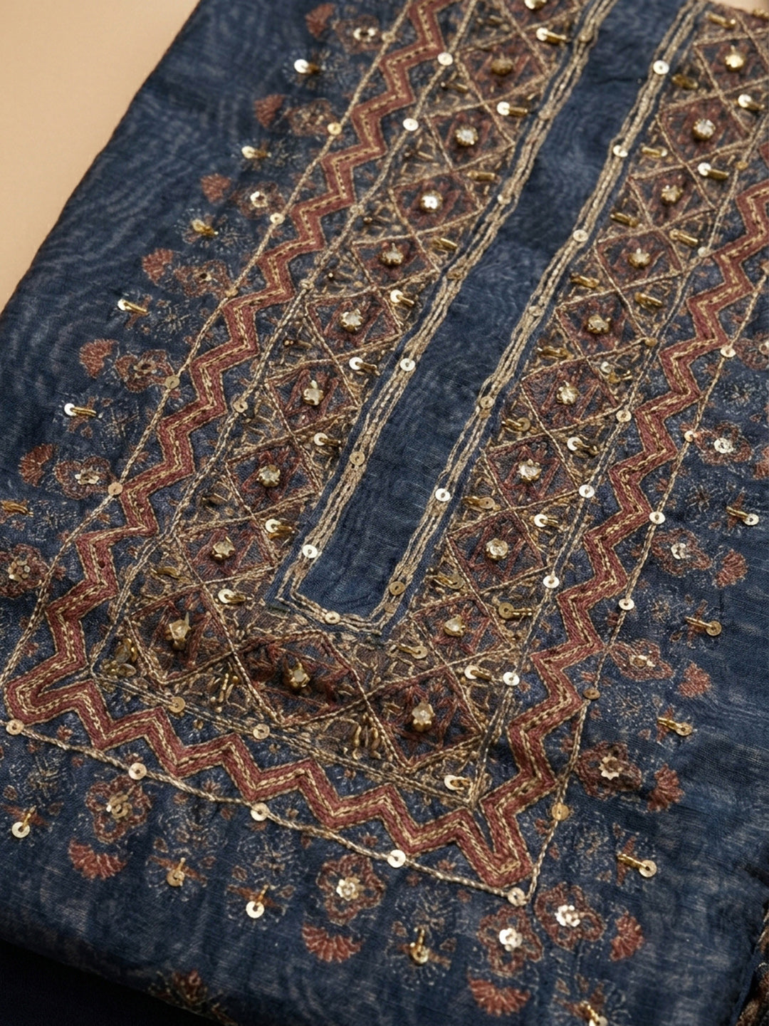 Navy Blue Printed Chanderi Unstitched Dress Material