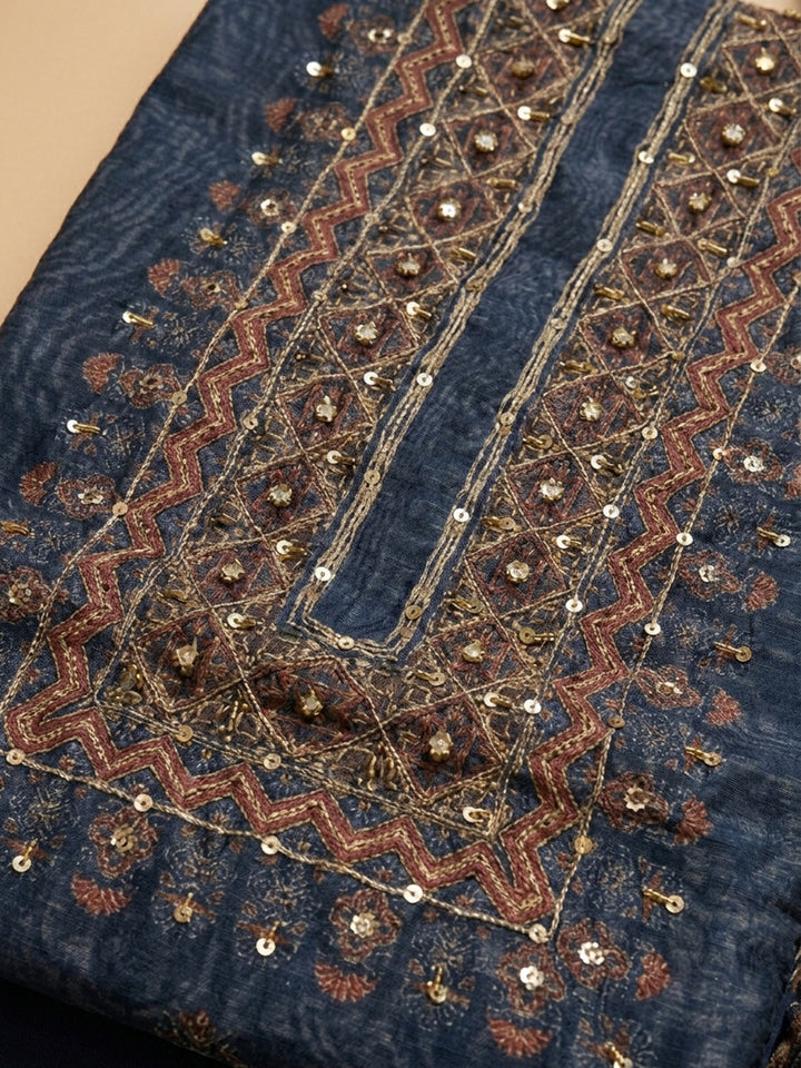 Navy Blue Printed Chanderi Unstitched Dress Material