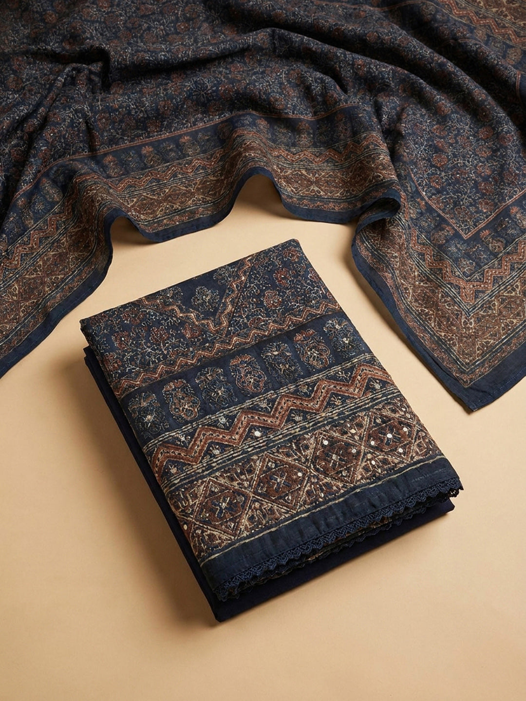 Navy Blue Printed Chanderi Unstitched Dress Material