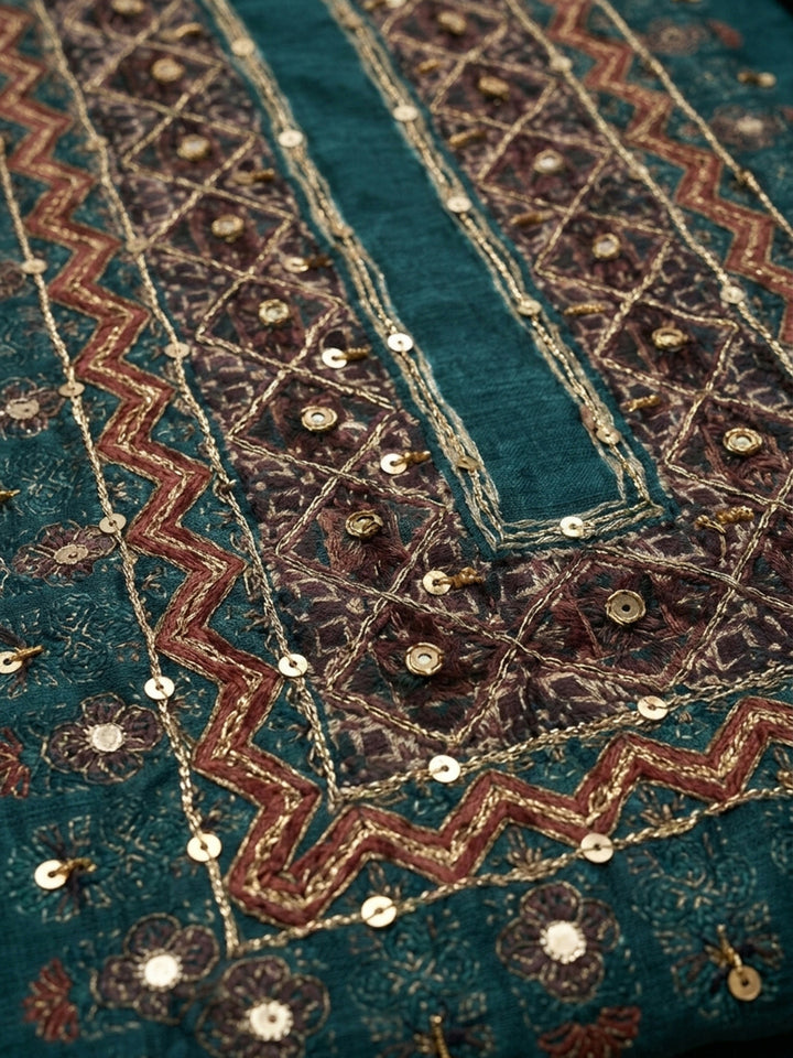 Rama Green Printed Chanderi Unstitched Dress Material