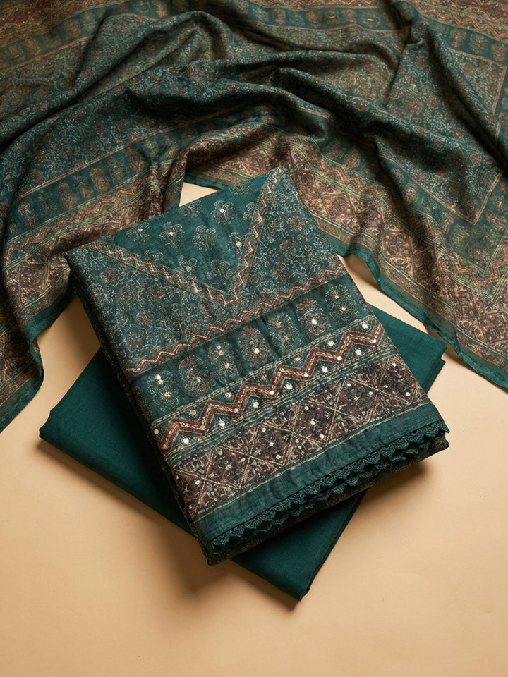 Rama Green Printed Chanderi Unstitched Dress Material