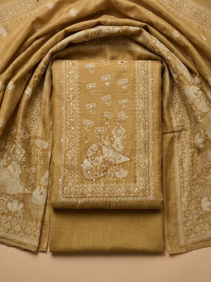 Mustard Printed Chanderi Unstitched Suit &amp; Pant With Chanderi Dupatta