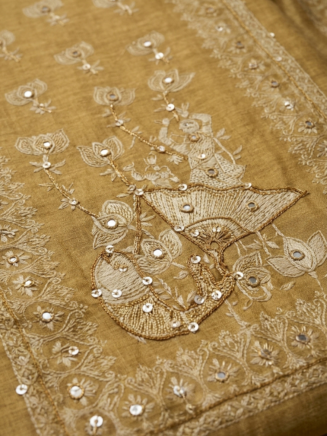 Mustard Printed Chanderi Unstitched Suit &amp; Pant With Chanderi Dupatta