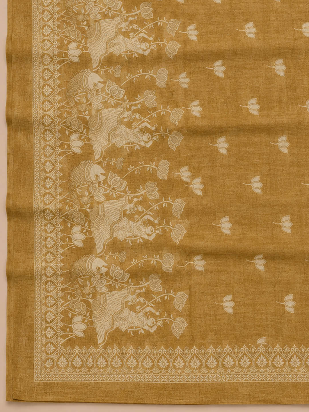 Mustard Printed Chanderi Unstitched Suit &amp; Pant With Chanderi Dupatta