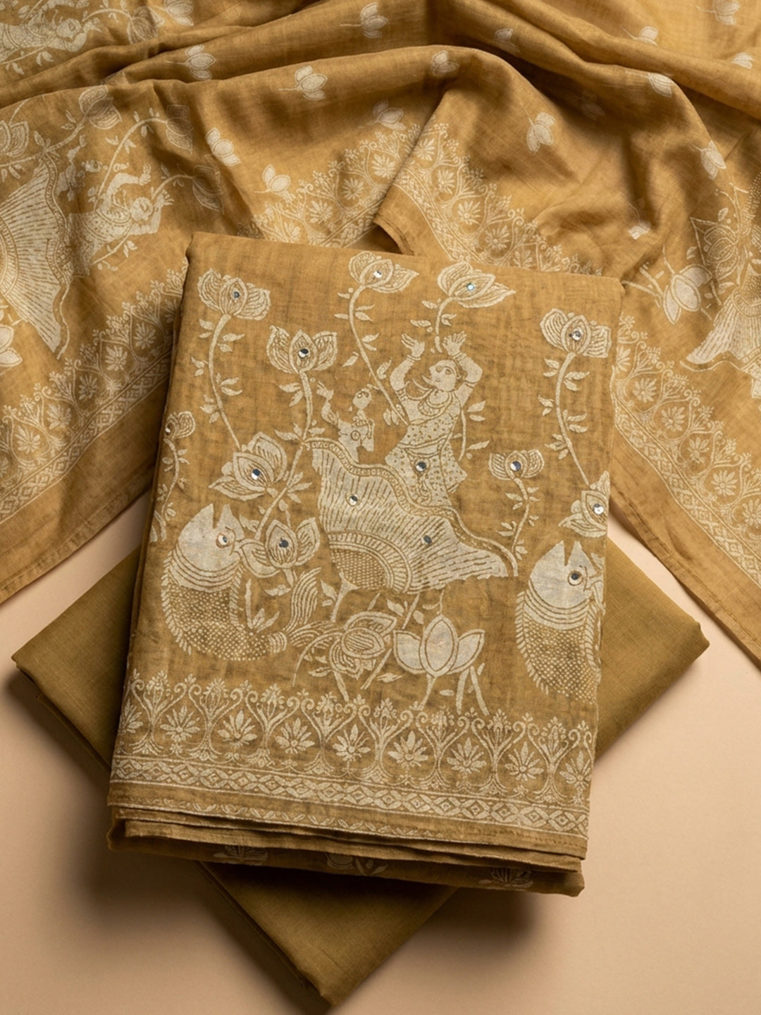 Mustard Printed Chanderi Unstitched Suit &amp; Pant With Chanderi Dupatta