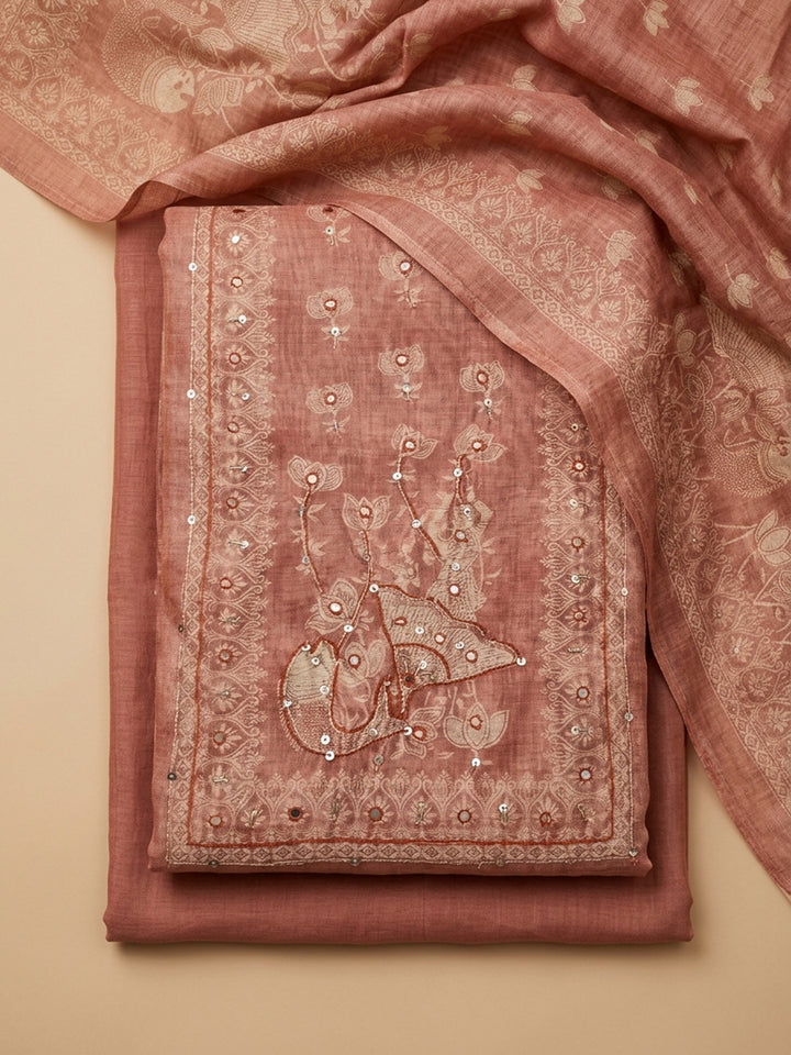 Peach Printed Chanderi Unstitched Suit &amp; Pant With Chanderi Dupatta