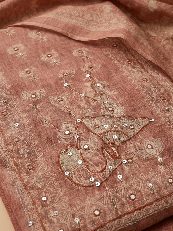 Peach Printed Chanderi Unstitched Suit &amp; Pant With Chanderi Dupatta