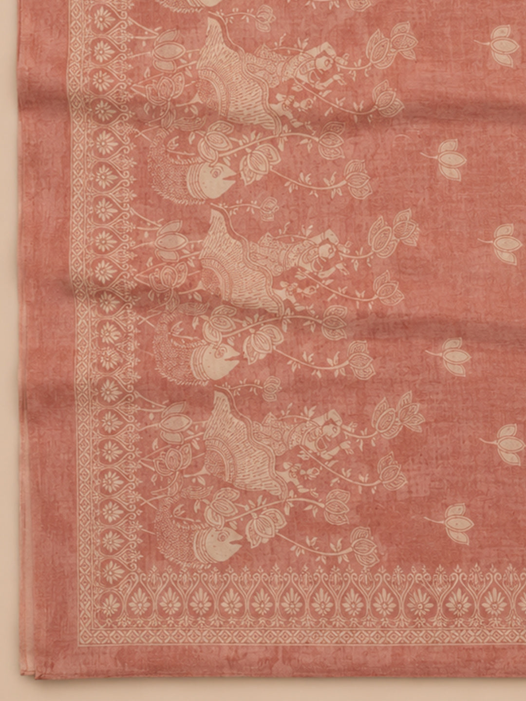 Peach Printed Chanderi Unstitched Suit &amp; Pant With Chanderi Dupatta