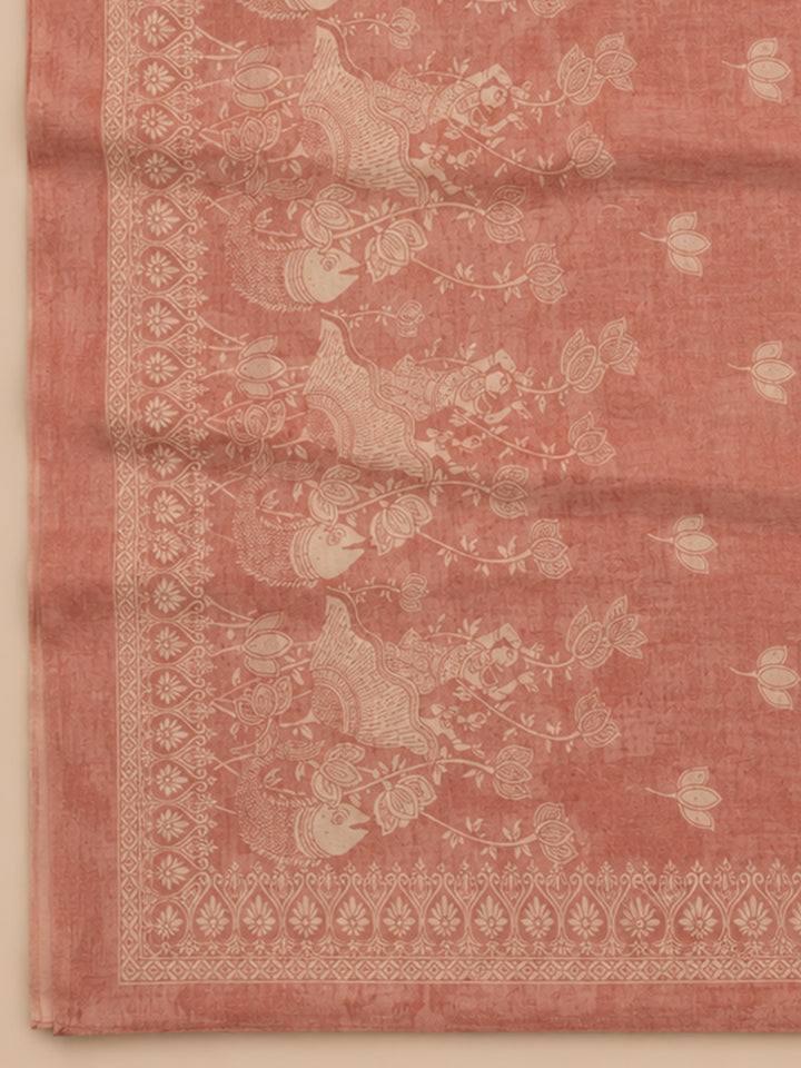 Peach Printed Chanderi Unstitched Suit &amp; Pant With Chanderi Dupatta