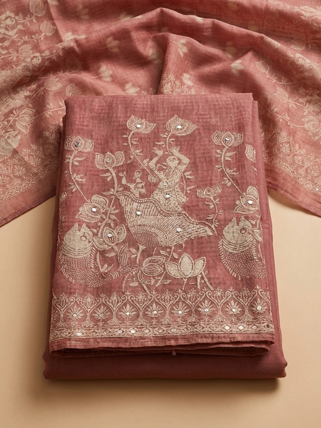 Peach Printed Chanderi Unstitched Suit &amp; Pant With Chanderi Dupatta