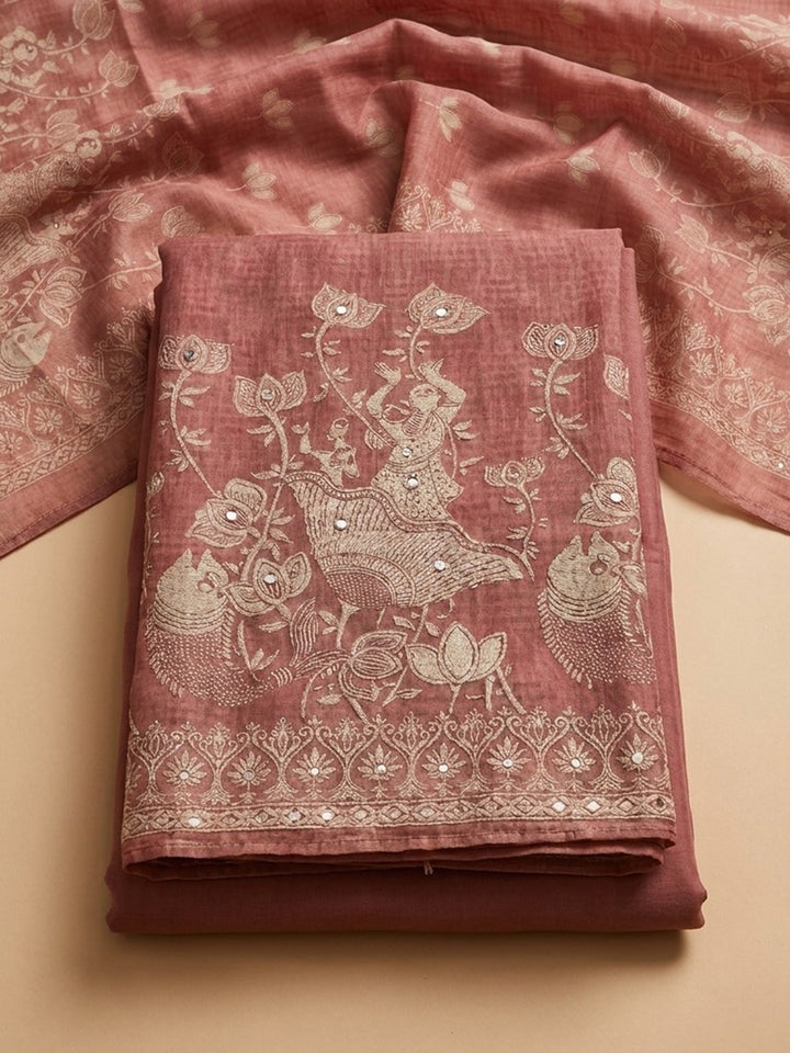 Peach Printed Chanderi Unstitched Suit &amp; Pant With Chanderi Dupatta