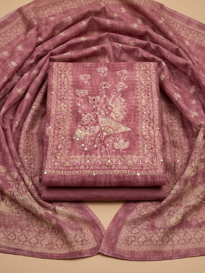 Pink Printed Chanderi Unstitched Suit &amp; Pant With Chanderi Dupatta