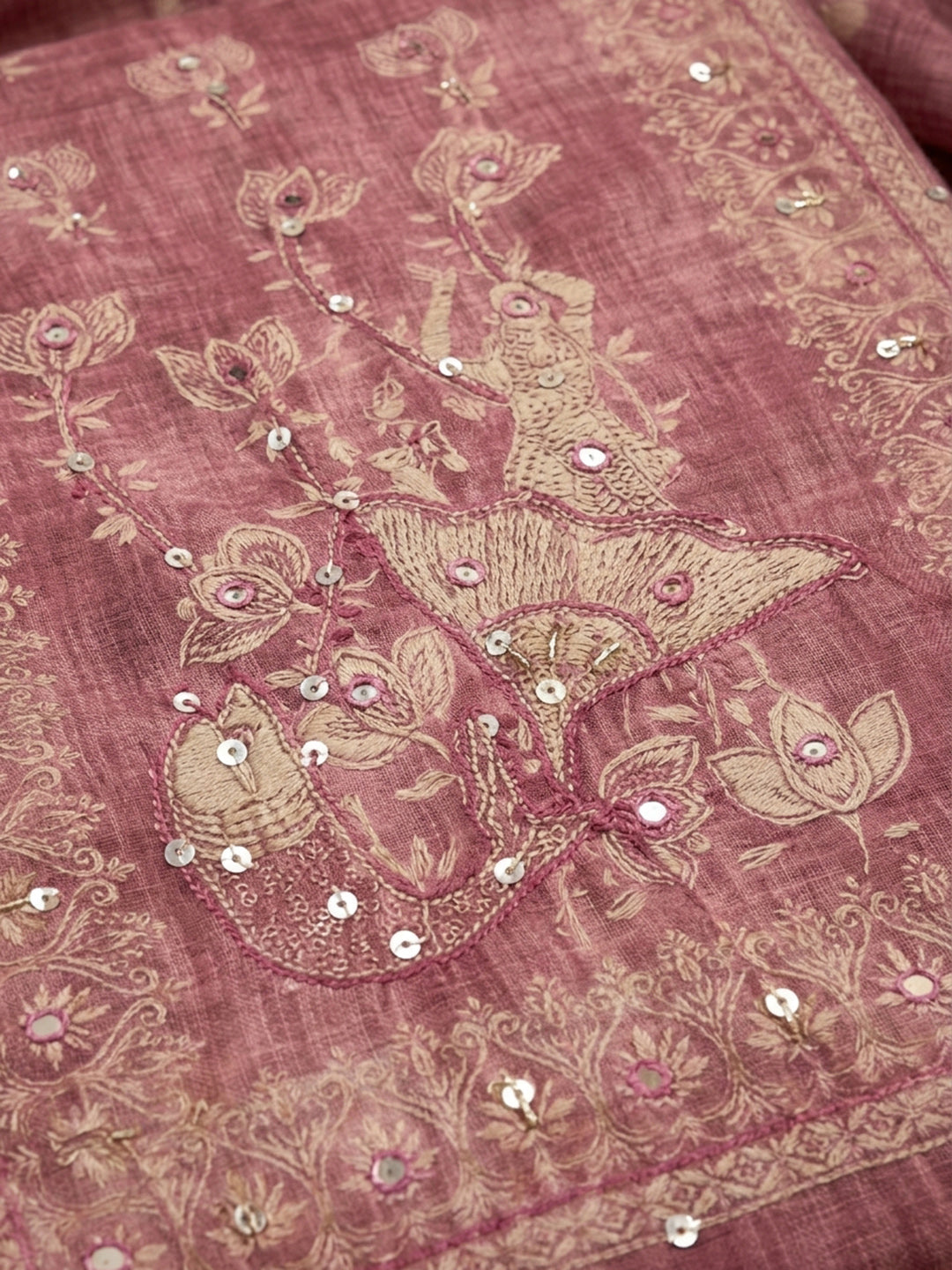 Pink Printed Chanderi Unstitched Suit &amp; Pant With Chanderi Dupatta
