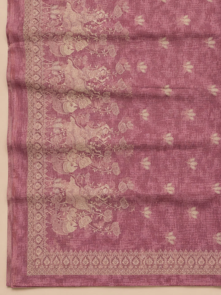 Pink Printed Chanderi Unstitched Suit &amp; Pant With Chanderi Dupatta