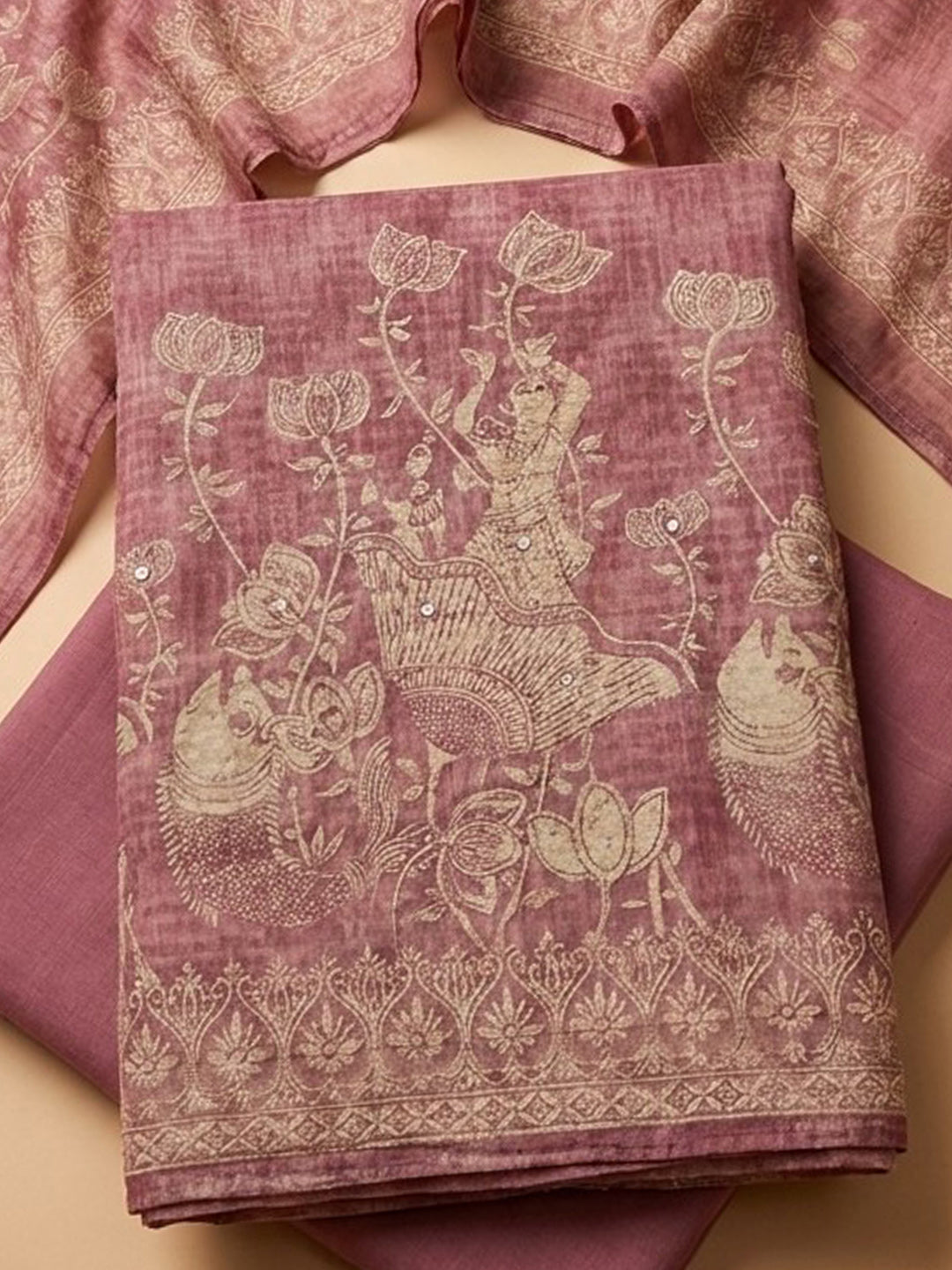 Pink Printed Chanderi Unstitched Suit &amp; Pant With Chanderi Dupatta