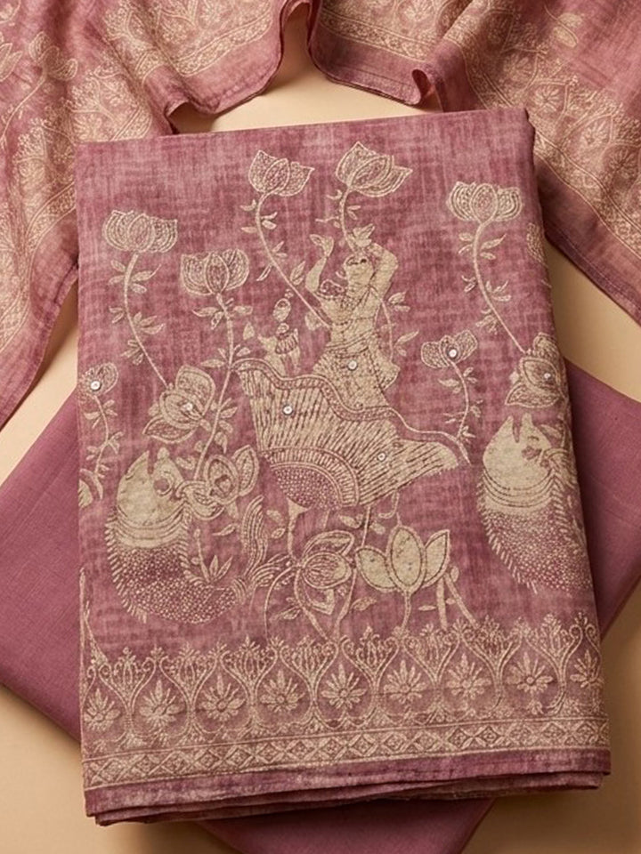 Pink Printed Chanderi Unstitched Suit &amp; Pant With Chanderi Dupatta