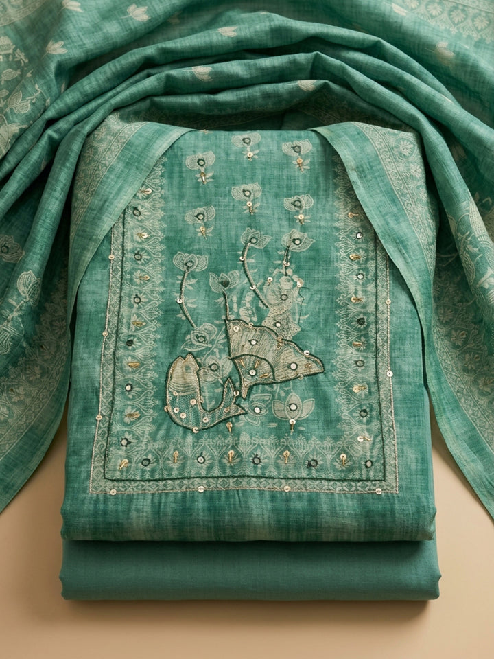 Rama Green Printed Chanderi Unstitched Suit &amp; Pant With Chanderi Dupatta