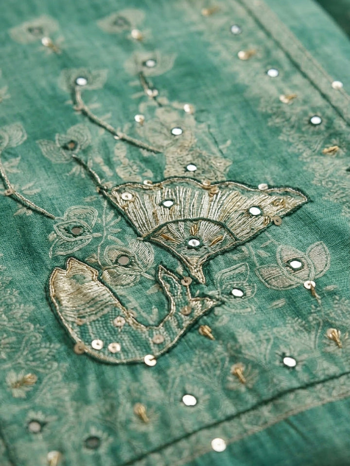 Rama Green Printed Chanderi Unstitched Suit &amp; Pant With Chanderi Dupatta